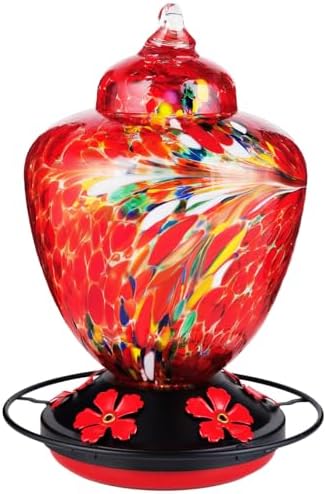 REZIPO Hummingbird Feeder with Perch - Hand Blown Glass - 38 Fluid Ounces Hummingbird Nectar Capacity Include Hanging Wires and Moat Hook (Red-fire)