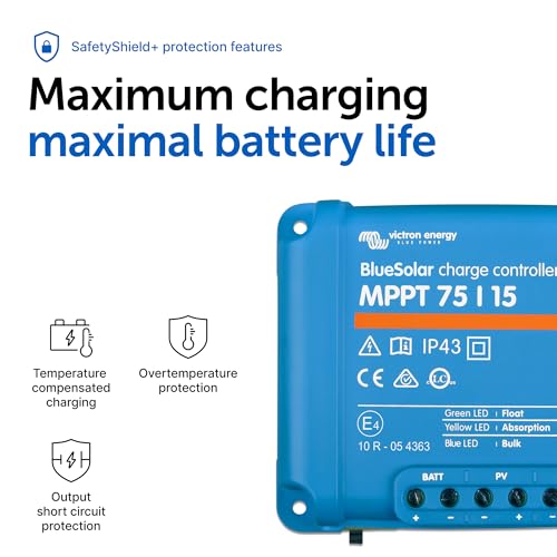 Victron Energy BlueSolar MPPT Solar Charge Controller - Charge Controllers for Solar Panels - 75V, 15 amp, 12/24-Volt