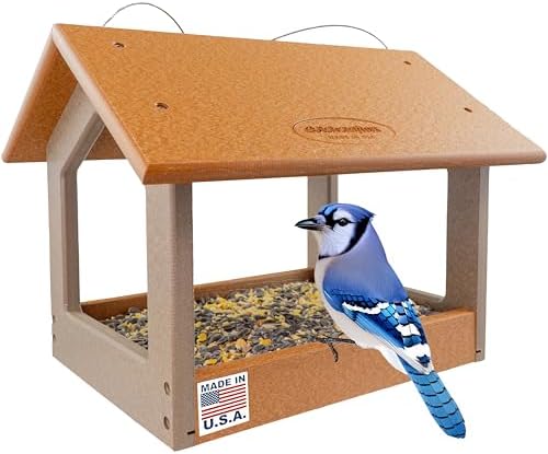 Amish USA Made Recycled Plastic Large Hanging Modern Fly Through Covered Roof Open Platform Tray Bird Feeder for Outdoors, Garden, Yard (Cedar & Weatherwood)