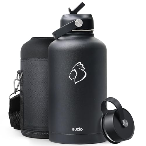 BUZIO Insulated Water Bottles 64oz with Straw Lid, Half Gallon Double Wall Stainless Steel Wide Mouth Water Bottle with Two Lids, Powder Coat Metal Water Jug Thermo Mug Metal Canteen, Keep Hot Cold