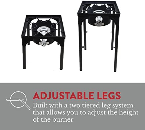 GasOne Propane Single Burner Camp Stove with High Temp Paint & Red QCC Steel Braided Regulator with Height Adjustable Leg