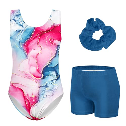 Girls 3 Piece Gymnastics Biketards Size 8 Big Girls' 3d Printed Blue Pink Marble Gym Leotards Size 6 8 Girl's Drift Quick Dry Elastic Ballet Dance Sets with Boy Short for Girl Sporty Sets,8 9 Years