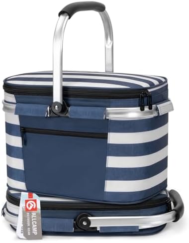 ALLCAMP Insulated Picnic Baskets Shoping Basket Cooler Bag Collapsible Portable Picnic Basket (Blue White Stripe)