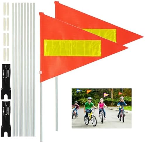 Bike Safety Flag with Pole 2 Sets, 6-Foot Adjustable Height Sturdy Fiberglass Tear-Resistant Waterproof Orange Safety Flag (Red Yellow and White)