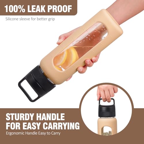Kodrine 24 oz Glass Water Bottle with Straw, Clear Water Bottle Chug Lid and Bamboo Straw Lid, Borosilicate Glass Bottle 2 Lids Handle Top, Wide Mouth Water Bottle With Silicone Sleeve, Amber