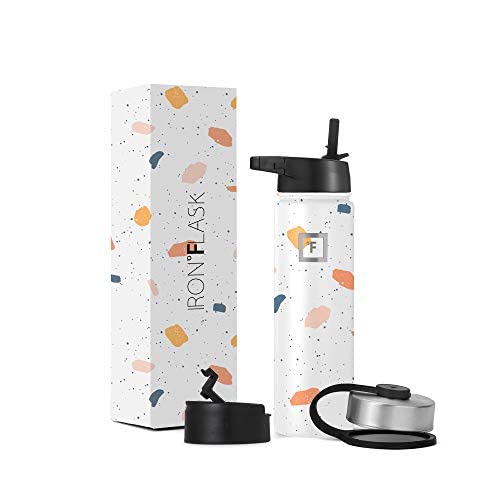 IRON °FLASK Sports Water Bottle - Wide Mouth with 3 Straw Lids - Stainless Steel Gym & Outdoor Bottles for Men, Women & Kids - Double Walled, Insulated Thermos, Metal Canteen - Terrazzo, 22 Oz
