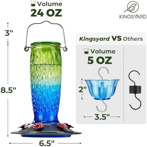 Kingsyard 2 Pack Glass Hummingbird Feeders for Outdoors Hanging, Wild Bird Nectar Feeder with 6 Feeding Ports, 24 oz Leak-Proof, Green & Blue (Ant Moat Included)