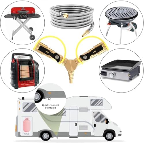 1/4" RV Propane Quick Connect Y Splitter Adapter with Shutoff Valve for RV Trailer, Quick Connect Propane Hose Connect to Motorhome Tabletop Camping Grill 2 Way 1/4" Quick Disconnect Kit