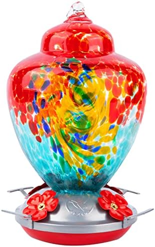 REZIPO Hummingbird Feeder with Perch - Hand Blown Glass - 38 Fluid Ounces Hummingbird Nectar Capacity Include Hanging Wires and Moat Hook (Half Red)