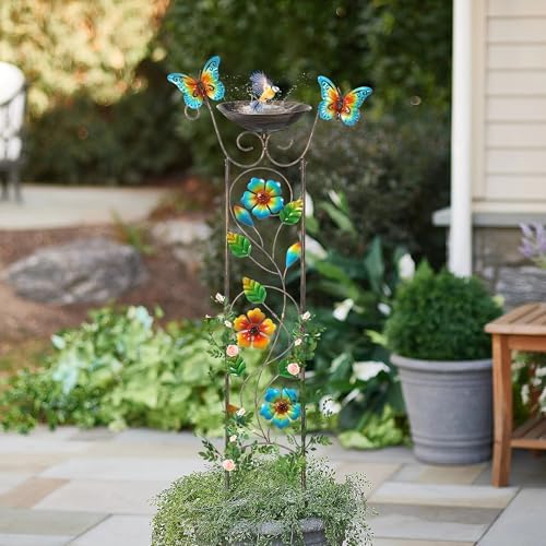 Bird Bath with Trellis Outdoor, Antique Garden Iron Plant Trellis with Decorative Floral-Butterflies Detachable Bird Bath Bowl Metal Potted Plants Support for Climbing Flowers