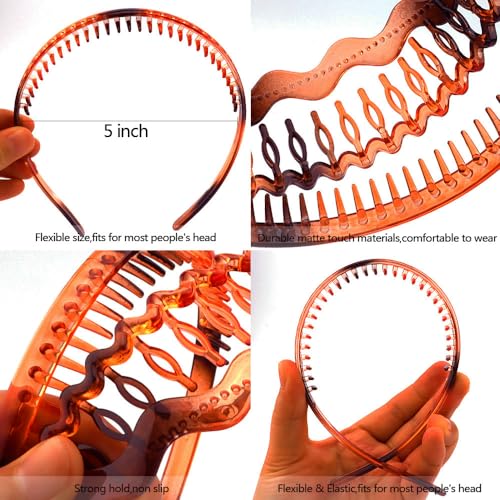AHONEY 7 Pack Brown Headbands for Women Mens Plastic Headbands with Teeth Non Slip Hairbands for Women's Hair Accessories Comb Headband Diademas Para Mujer (Amber)