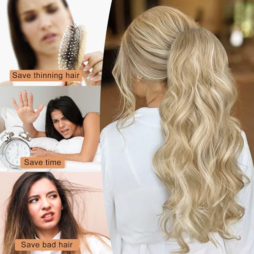 ALXNAN Ponytail Extension,Drawstring Ponytail Hair Extensions Black Long Curly Wave Ponytail for Women