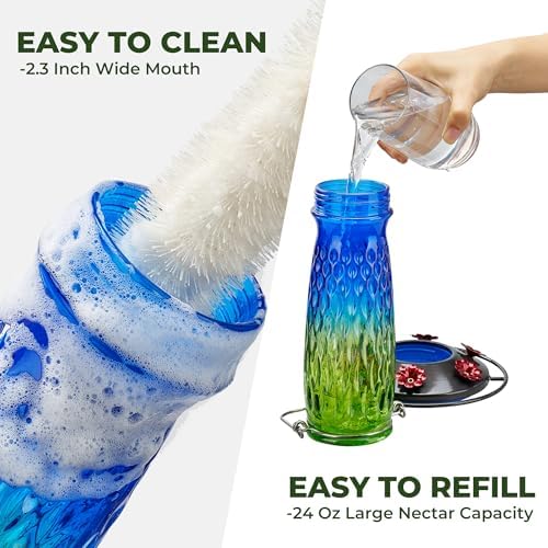 Kingsyard 2 Pack Glass Hummingbird Feeders for Outdoors Hanging, Wild Bird Nectar Feeder with 6 Feeding Ports, 24 oz Leak-Proof, Green & Blue (Ant Moat Included)