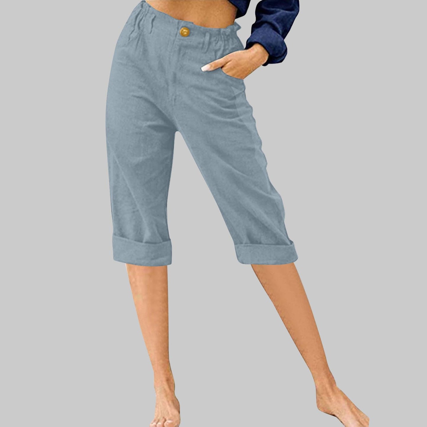 APIVOE Linen Capri Pants for Women Summer Casual Elastic Waist Cropped Pants Cotton Wide Leg Plus Size Capris with Pockets
