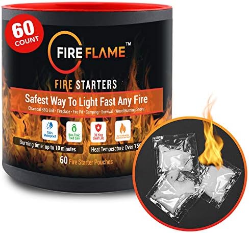 Fireflame Quick Instant Fire Starter - 100% Waterproof All-Purpose Indoor & Outdoor Firestarter, for Charcoal Starter, Campfire, Fireplace, BBQ - Odorless and Non-Toxic - 60 Pouches in Canister