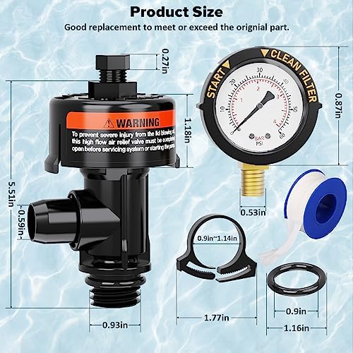 Manual Air Relief Valve for Pool and Spa Filters, Pool Filter Air Relief Valve with Pressure Gauge Replacement, Air Relief Valve for Pool Filter, Includes Gauge Plug, Pressure Gauge, O-Rings, Clips.