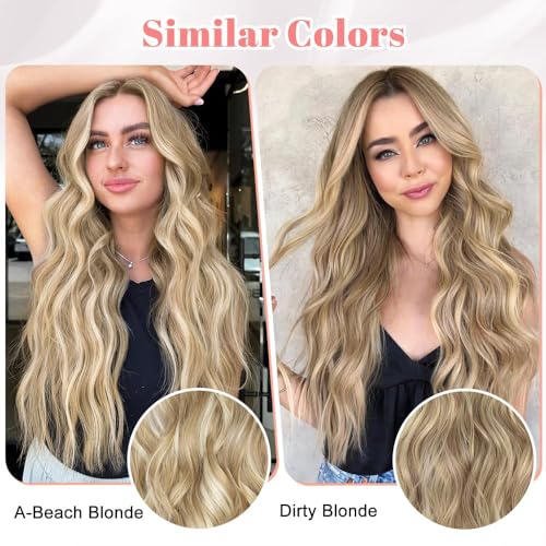 ALXNAN Clip in Long Wavy Synthetic Hair Extension 20 Inch Light Brown Mixed Blonde 4PCS Thick Hairpieces Fiber Double Weft Hair for Women