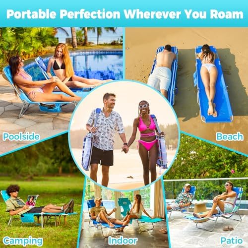 #WEJOY Folding Tanning Chair with Face Hole, 5 Positions Face Down Beach Lounge Chairs with Pillow for Outside Sunbathing Poolside (Blue/Green)