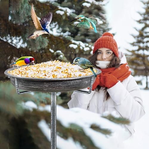 Metal Bird Bath for Outdoors Garden Birdbath Bowl, 36.2" Height Freestanding Bird Feeders for Outside with 4 Prongs Base Stake, Standing Birdfeeders for Yard Lawn Decor (Retro Silver)