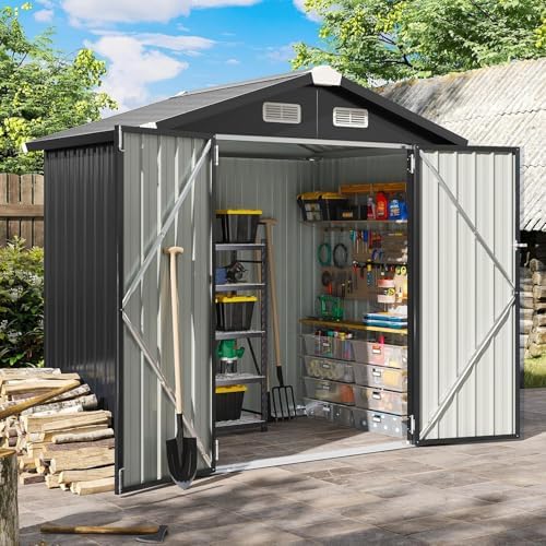 Aoxun 6.2x4 FT Shed Outdoor Galvanized Storage Shed with Large Lockable Doors for Lawn, Backyard, Patio (Black/Galvanized Base Included)