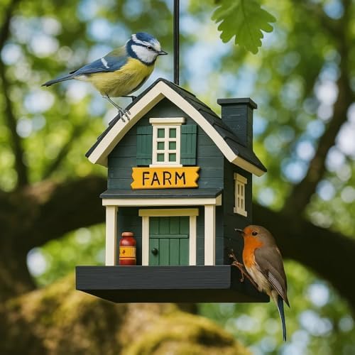 Birdfeeder for Outside, Hanging Bird Feeder for Outdoor, Decorative Colorful Bird House for Garden, Pole Post Mountable Birdfeeder, Solid Cedar Wood Longtime Weatherable (Farm House)