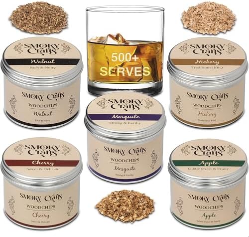 5 x 2oz Wood Chips for Cocktail Smoker (Set of 5: Cherry, Hickory, Apple, Mesquite, Walnut) - 5 Flavors of Smoking Gun Wood Chips - Whiskey Gifts for Men