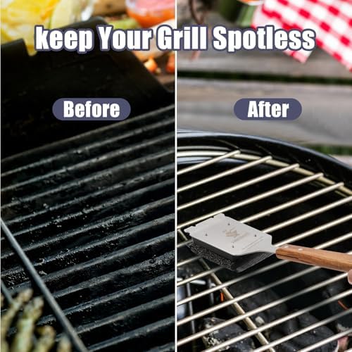 Grill Brush Bristle-Free Stainless Steel Safely Steam Grill Cleaner for Outdoor Grill Larger Brush Head Design,Wood Handle with 1 Replacement Head,All Types of Grills Ideal Gift for Dads