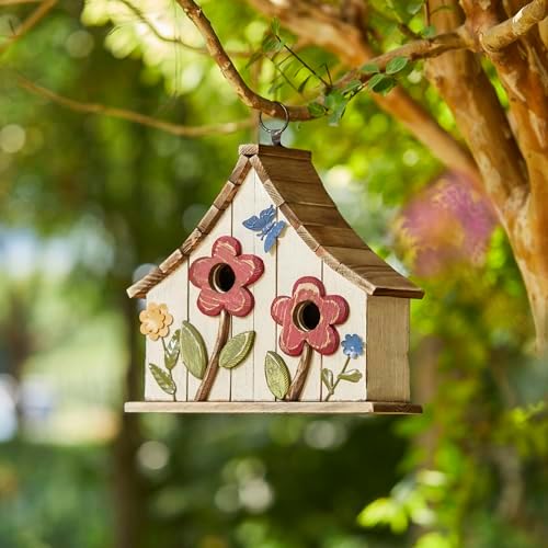 Glitzhome Hanging Birdhouses for Outside,10.75" L Distressed Solid Wood Birdhouse with 3D Flowers Rustic Two-Story Townhouse Hand-Painted Bird Houses for Outdoors,Washed White