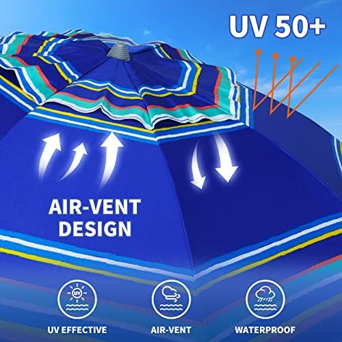 AMMSUN 7ft Heavy Duty High Wind Beach Umbrella Parasols with Sand Anchor Vent Tilt UV 50+ Sun Protection Portable Outdoor Sunshade Umbrellas Carry Bag for Patio Garden Pool Backyard Blue
