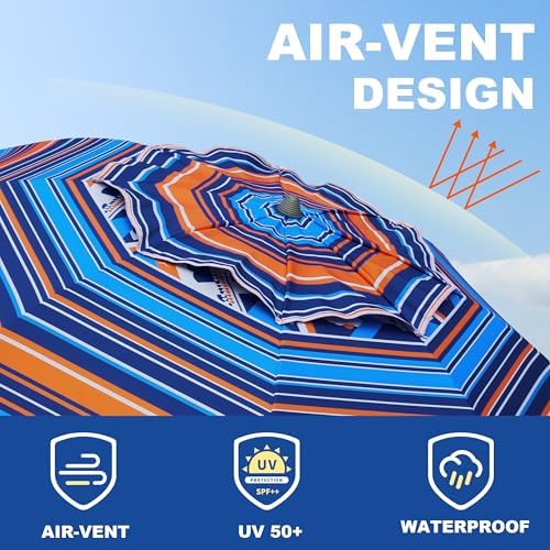 AMMSUN 7ft Heavy Duty High Wind Beach Umbrella Parasols with sand anchor & Tilt Sun Shelter, UV 50+ Protection Outdoor Sunshade Umbrellas Carry Bag for Patio Garden Pool Backyard Multicolor