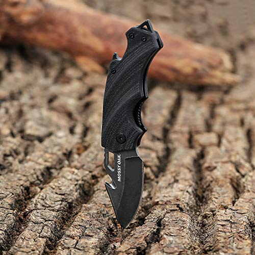 Mossy Oak Mini Folding Pocket Knife, 2.5-inch Stainless Steel Drop Point Blade - G10 Handle EDC Multifunction Tool with Bottle Opener and Glass Breaker (Black)