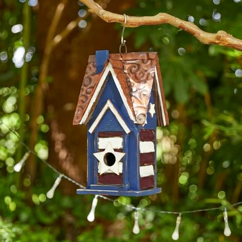 Glitzhome 12.25" H Patriotic Solid Wood Hanging Birdhouse for Outside, Decorative Pet Cottage Villa Distressed Wooden Bird House with 3D Star for Garden Patio Backyard