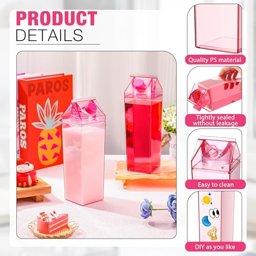 Remerry 3 Pcs 34oz Milk Carton Water Bottle Square Milk Bottle Plastic Coffee Milk Carton Bottle Portable Reusable Milk Carton Cup Leakproof Carton Shaped Juice Bottle (Pink)