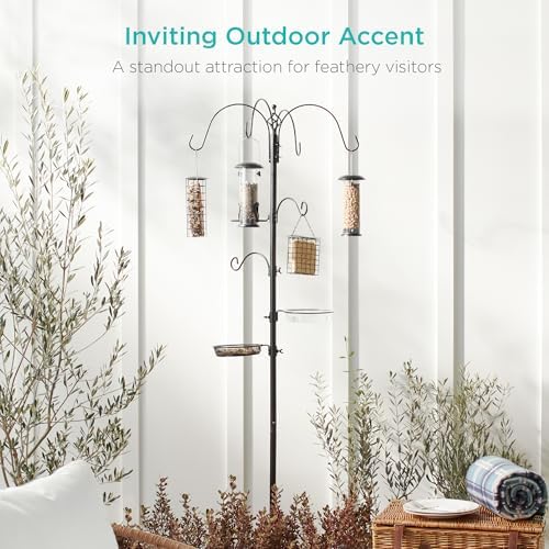 Best Choice Products 6-Hook Bird Feeding Station, Steel Multi-Feeder Kit Stand for Attracting Wild Birds w/ 4 Bird Feeders, Mesh Tray, Bird Bath, 5-Prong Base - Black