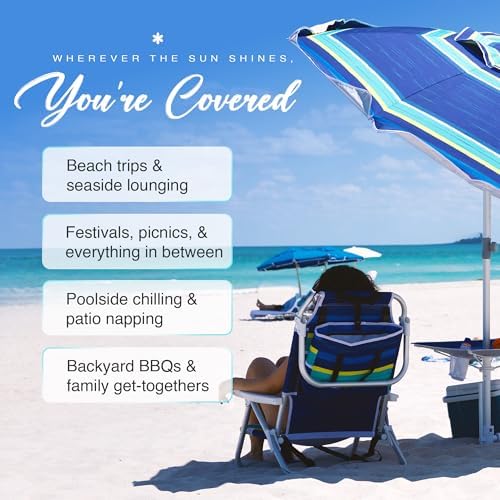 AMMSUN 7ft Heavy Duty High Wind Beach Umbrella with sand anchor, Built-in Table Tray Vent Tilt Pole, UPF 50+ Windproof Portable Outdoor Umbrellas Carry Bag for Patio Garden Pool Backyard stripe