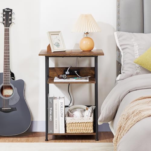 AMHANCIBLE Record Player Stand with Charging Station, Large Turntable Stand with Storage Cabinet, 3 Tier End Table Hold Up to 100 Albums, Record Stand for Vinyl, Living Room, Brown, HETCD012BR-1