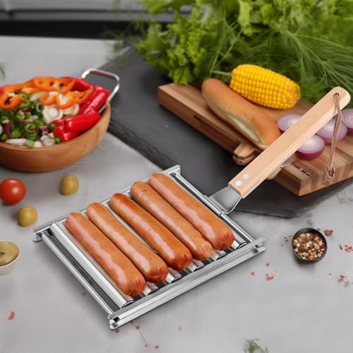 2Pcs Hot Dog Roller for Grill, Stainless Steel Sausage Roller Rack with Extra Long Wood Handle, BBQ Hot Dog Griller for Evenly Cooked Hot Dogs, 10 Hot Dog Capacity, 6.5 x 5.5 Inch