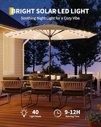 10 Ft Patio Umbrella with Solar Lights, 8 Ribs Outdoor Market Table Umbrella with 40 LED Lights & Tilt Crank for Pool, Deck, Backyard, Tan