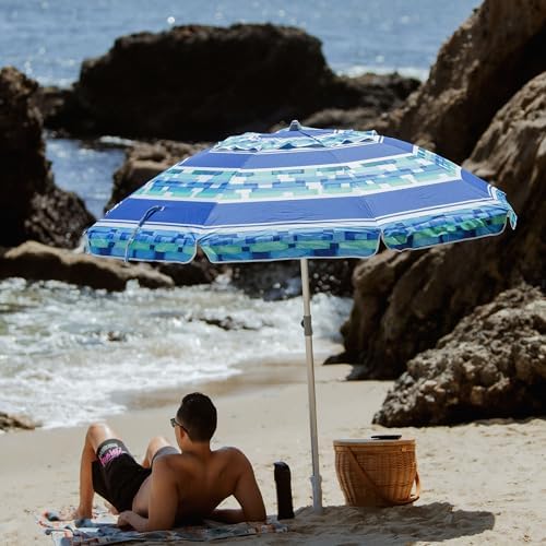 AMMSUN 7ft Heavy Duty Windproof Portable Beach Umbrella with Sand Anchor Vent Adjustable Height with Tilt Aluminum Pole, Portable UV 50+ Protection Carry Bag for Patio Garden Beach Pool Backyard