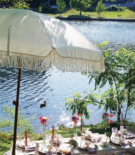 AMMSUN 7ft Patio Umbrella with Fringe Outdoor Tassel Umbrella UPF50+ Premium Steel Pole and Ribs Push Button Tilt, Cream White