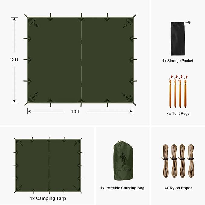 FREE SOLDIER Camping Tarp Waterproof Portable Multifunctional Outdoor Camping Traveling Awning Backpacking Shelter Rain Tarp (Dark Green 13×13ft)