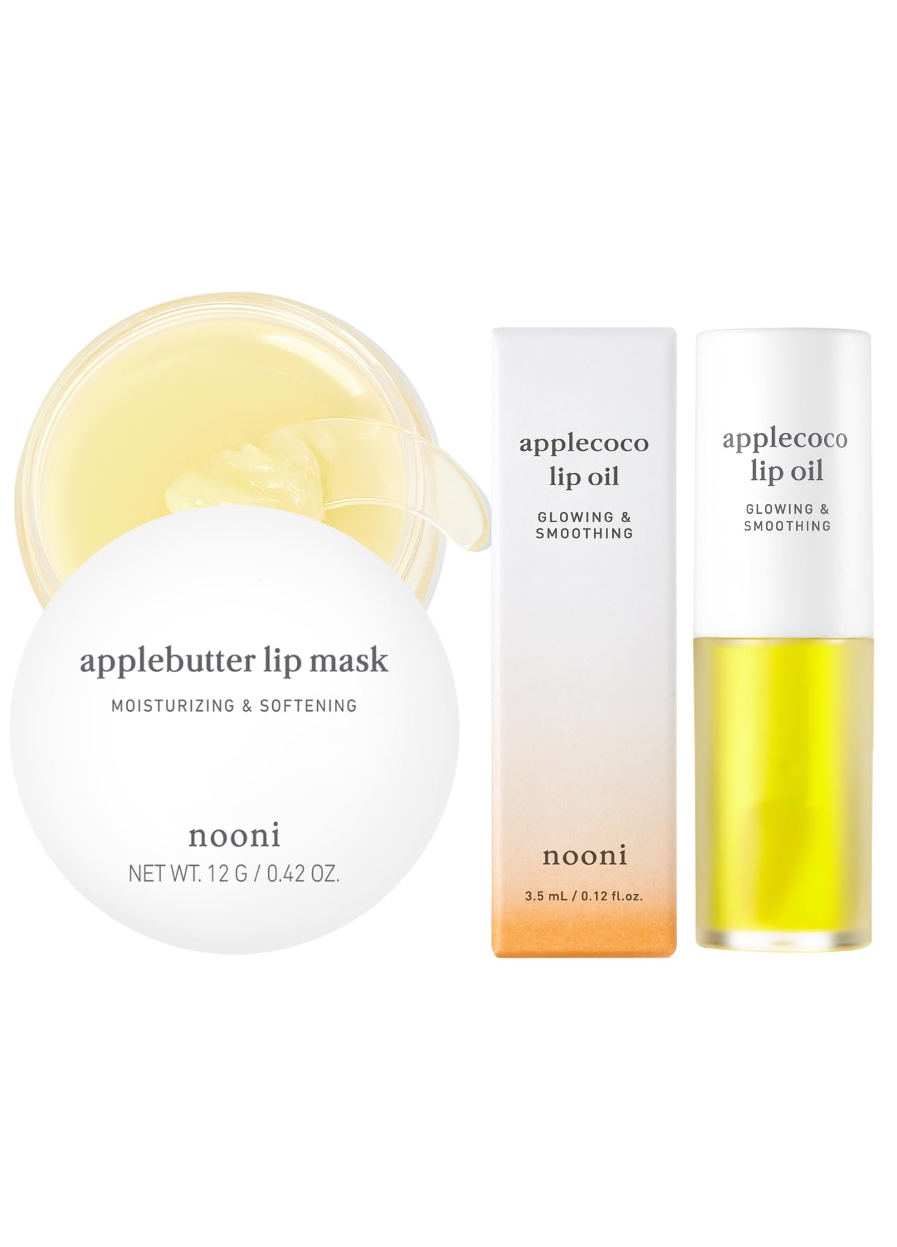 NOONI Korean Lip Butter Melting Balm (Applebutter) + Korean Vegan Lip Oil - Applecoco 0.12 Fl Oz Bundle