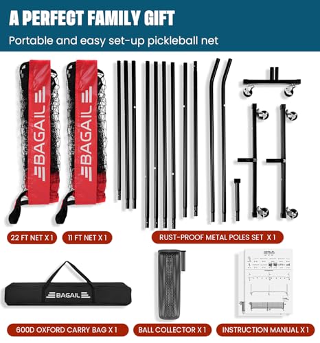 BAGAIL Portable Pickleball Net Set with Wheels, 22 FT Regulation Size & 11 FT Half Court Size 2-in-1 Pickle Ball Net with Ball Collector, Carry Bag, Easy Setup for Outdoor Indoor Driveway - Red