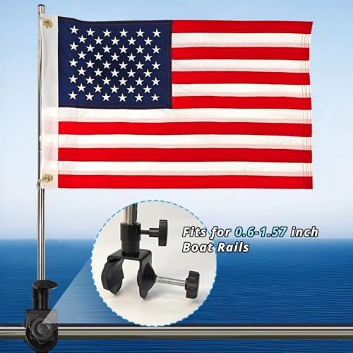 American Boat Flag Pole Kits Marine 12"x18", Stainless Steel Boat Flag Pole with 1x Storage Bag, Adjustable Flagpole Holder with 50 Embroidered Stars American Flag Boat Accessories