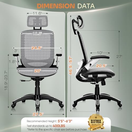 GABRYLLY Ergonomic Office Chair, High Back Home Desk Chair with Headrest, Flip-Up Arms, 90-120° Tilt Lock and Wide Cushion, Big and Tall Mesh Chairs for Man Woman, Grey Task Chair