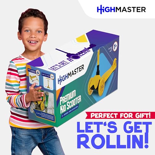 HighMaster Kids Scooter – 3 Wheel Kick Scooter for Children and Toddlers – Adjustable Handlebar with LED Wheel Lights – Indoor and Outdoor Fun (Yellow)