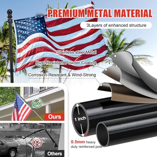 American Flag with Pole for Outside - 6FT Heavy Duty Tangle Free Flagpole Kit,4x6FT Embroidered Stars US Flag, 2 Position Metal Mounting Holder for House, Front Porch, Outdoor Patriotic Display