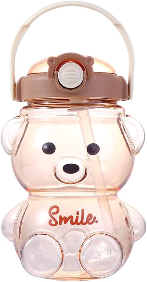 Vctitil Large Capacity Straw Water Cup Cute Bear Belly Cup Outdoor Sports Bottle 1000ml Plastic Water Cup(brown)