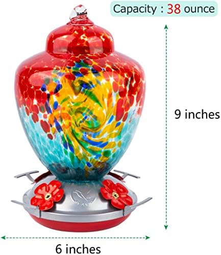 REZIPO Hummingbird Feeder with Perch - Hand Blown Glass - 38 Fluid Ounces Hummingbird Nectar Capacity Include Hanging Wires and Moat Hook (Half Red)