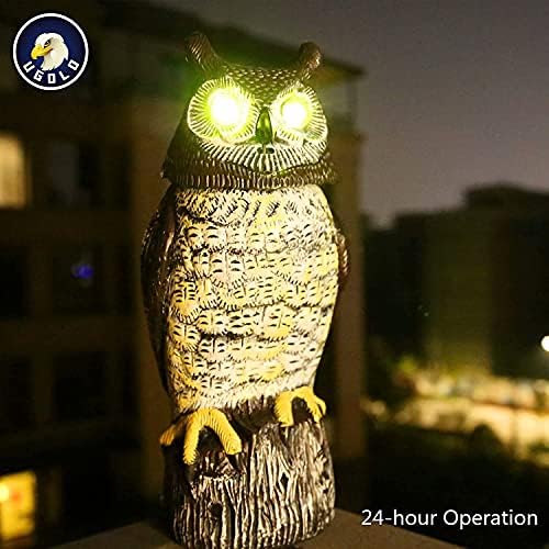 Solar Powered Owl with Motion Detection, Silent Mode, Flashing Eyes, Rotatable Head and Realistic Hoots, Plastic Owl Decoration for Home, Garden, Patio and Fence